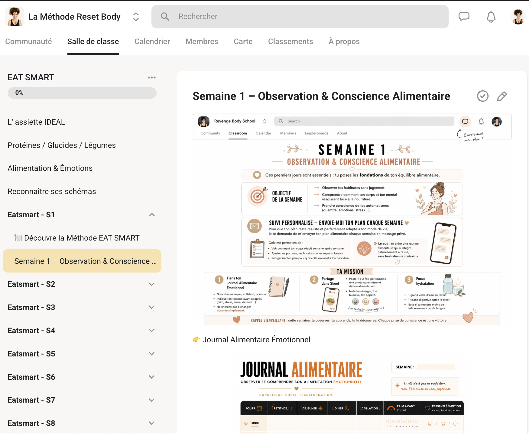 Le pilier Eat Smart avec ses supports de la semaine et le journal alimentaire émotionnel