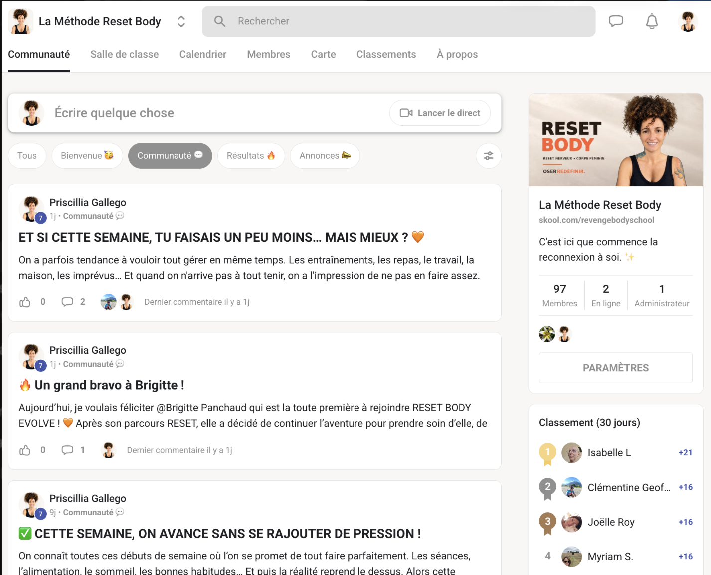 Aperçu légèrement flouté de la communauté Reset Body