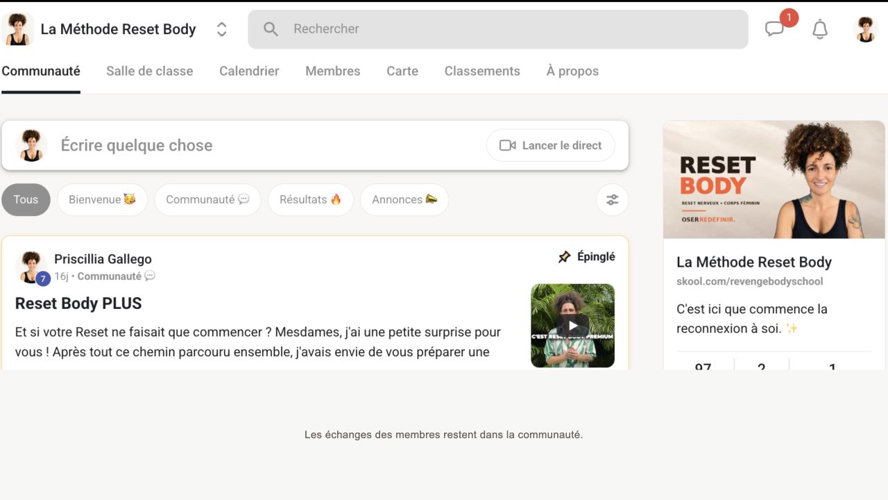 L’espace Communauté Reset Body ; les échanges et informations personnelles des membres sont masqués