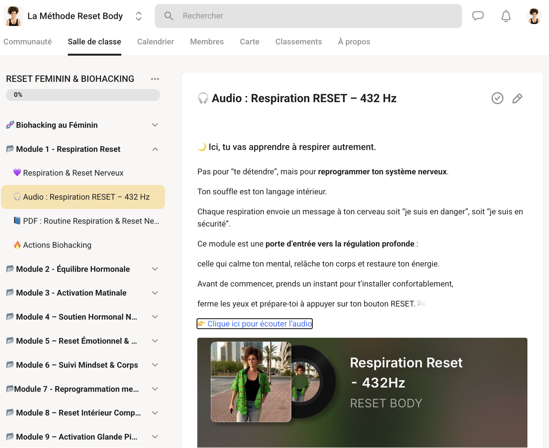 Aperçu du module Respiration Reset dans le pilier Reset au féminin & Biohacking